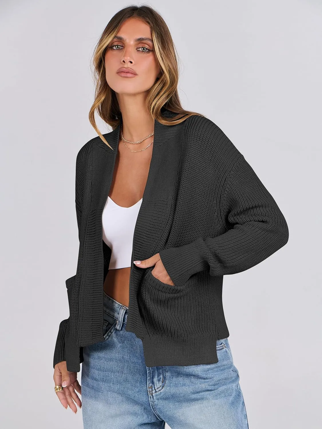 ANRABESS Women Jackets Sweaters Long Sleeve Open Front Loose Lightweight Knit Cropped Cardigan 2025 Spring Trendy Coats