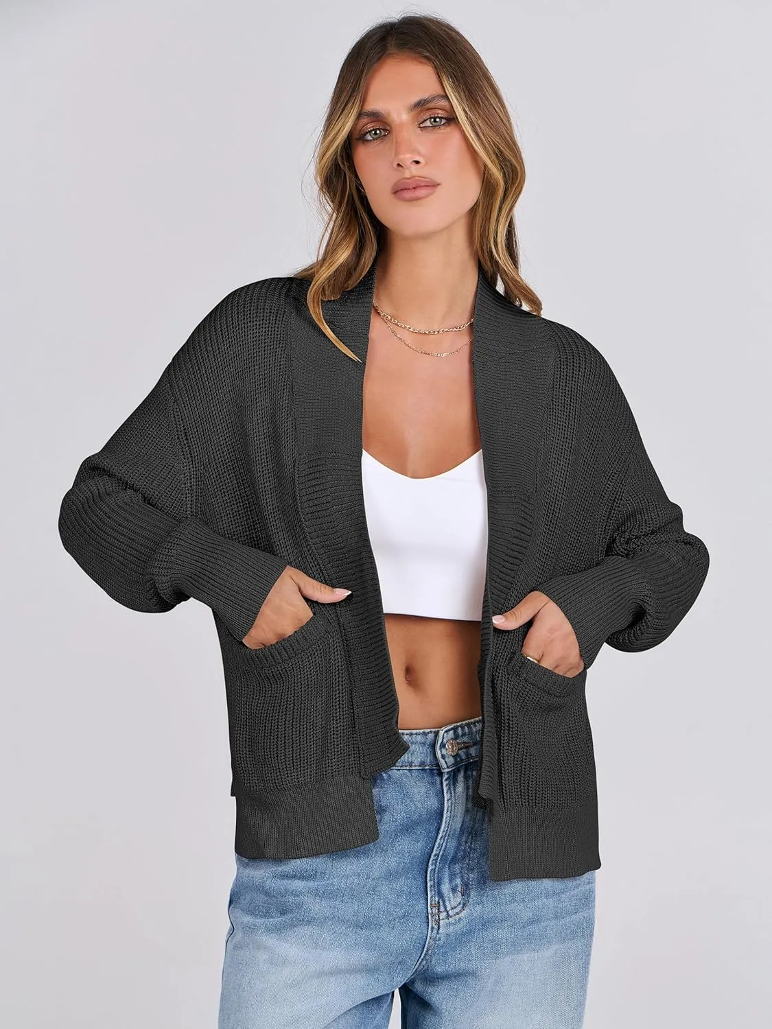 ANRABESS Women Jackets Sweaters Long Sleeve Open Front Loose Lightweight Knit Cropped Cardigan 2025 Spring Trendy Coats