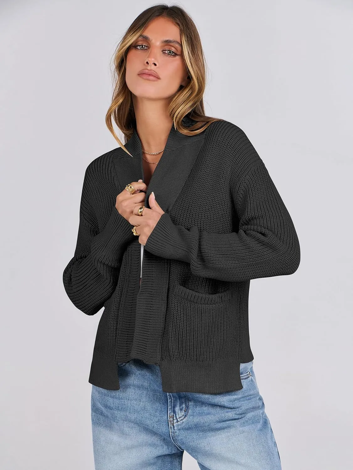 ANRABESS Women Jackets Sweaters Long Sleeve Open Front Loose Lightweight Knit Cropped Cardigan 2025 Spring Trendy Coats