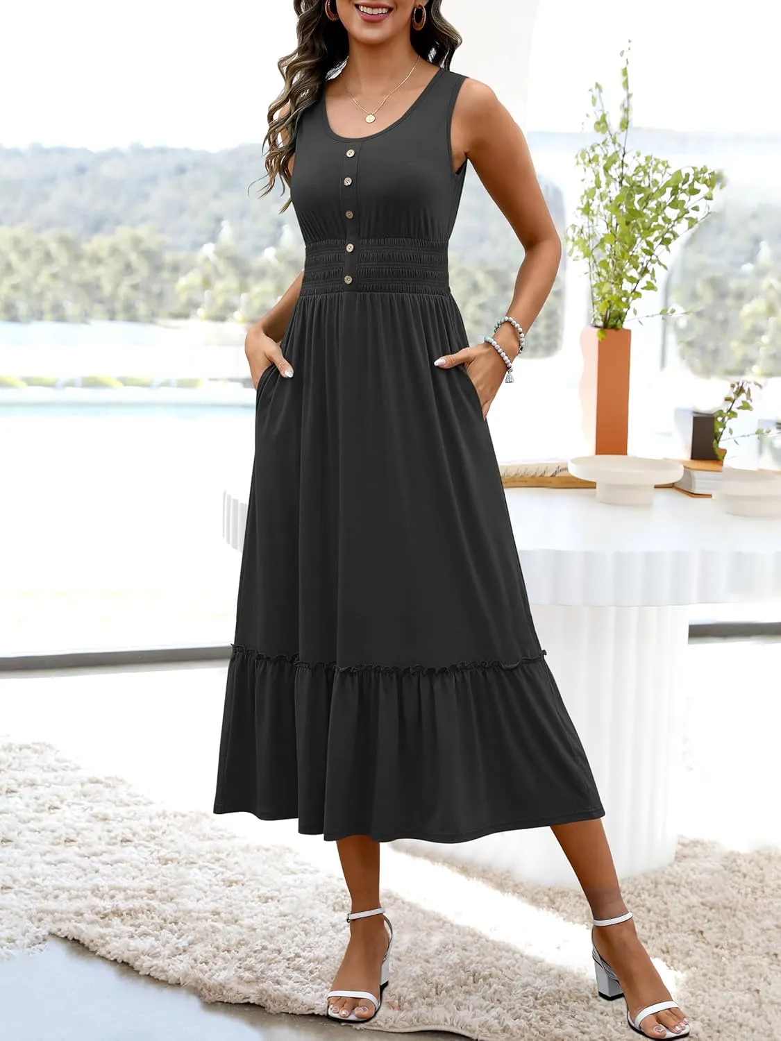 ANRABESS Womens Smocked Empire Waist Maxi Dress 2025 Summer Sleeveless Button Down A-Line Casual Beach Vacation Sundress