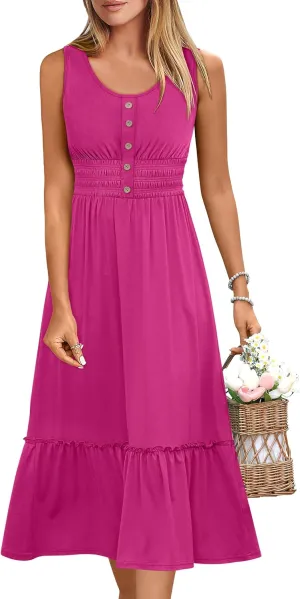 ANRABESS Womens Smocked Empire Waist Maxi Dress 2025 Summer Sleeveless Button Down A-Line Casual Beach Vacation Sundress
