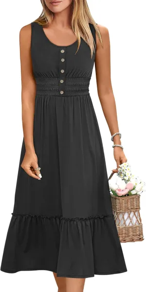 ANRABESS Womens Smocked Empire Waist Maxi Dress 2025 Summer Sleeveless Button Down A-Line Casual Beach Vacation Sundress