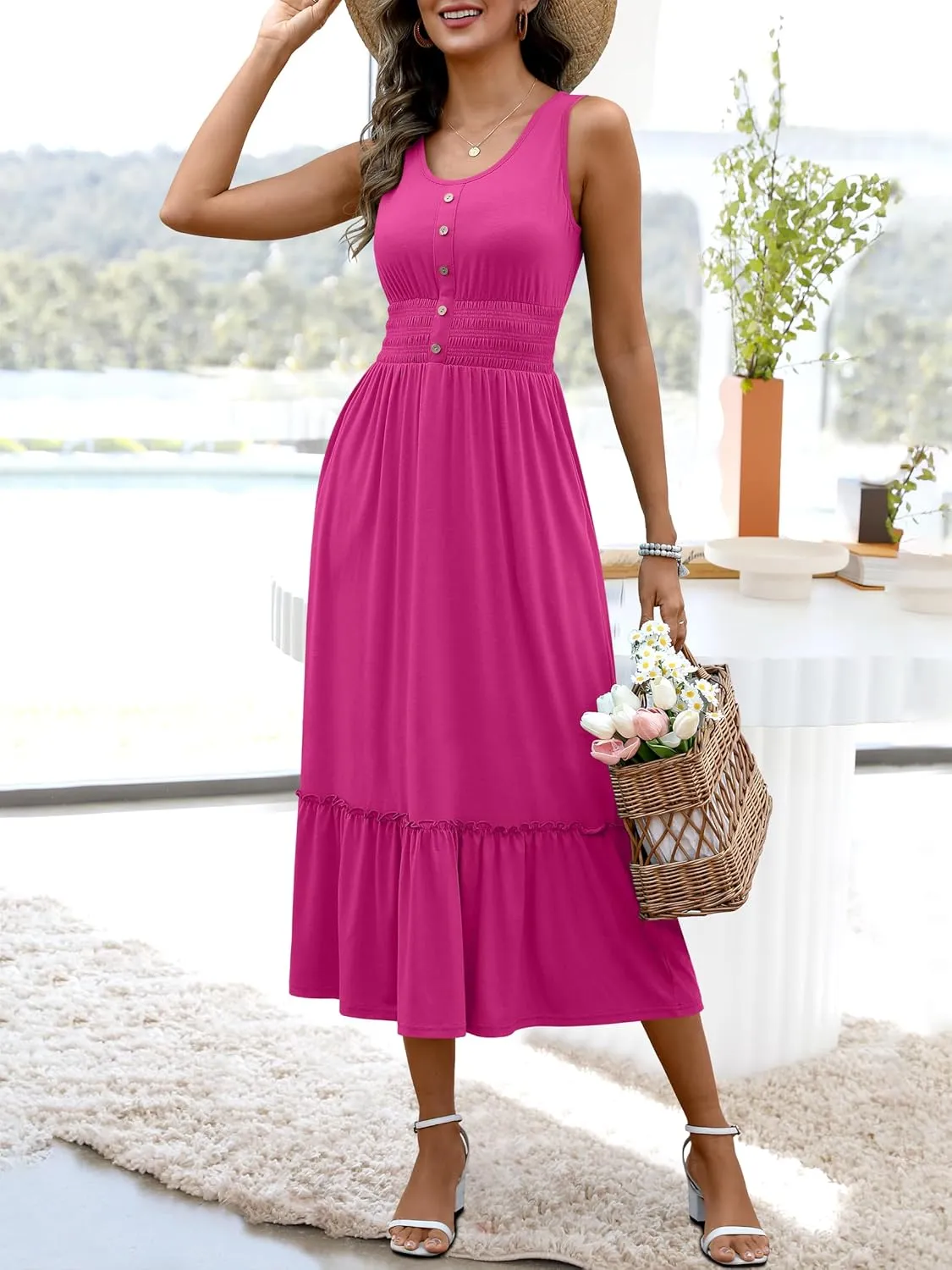 ANRABESS Womens Smocked Empire Waist Maxi Dress 2025 Summer Sleeveless Button Down A-Line Casual Beach Vacation Sundress