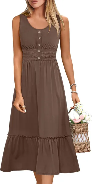 ANRABESS Womens Smocked Empire Waist Maxi Dress 2025 Summer Sleeveless Button Down A-Line Casual Beach Vacation Sundress