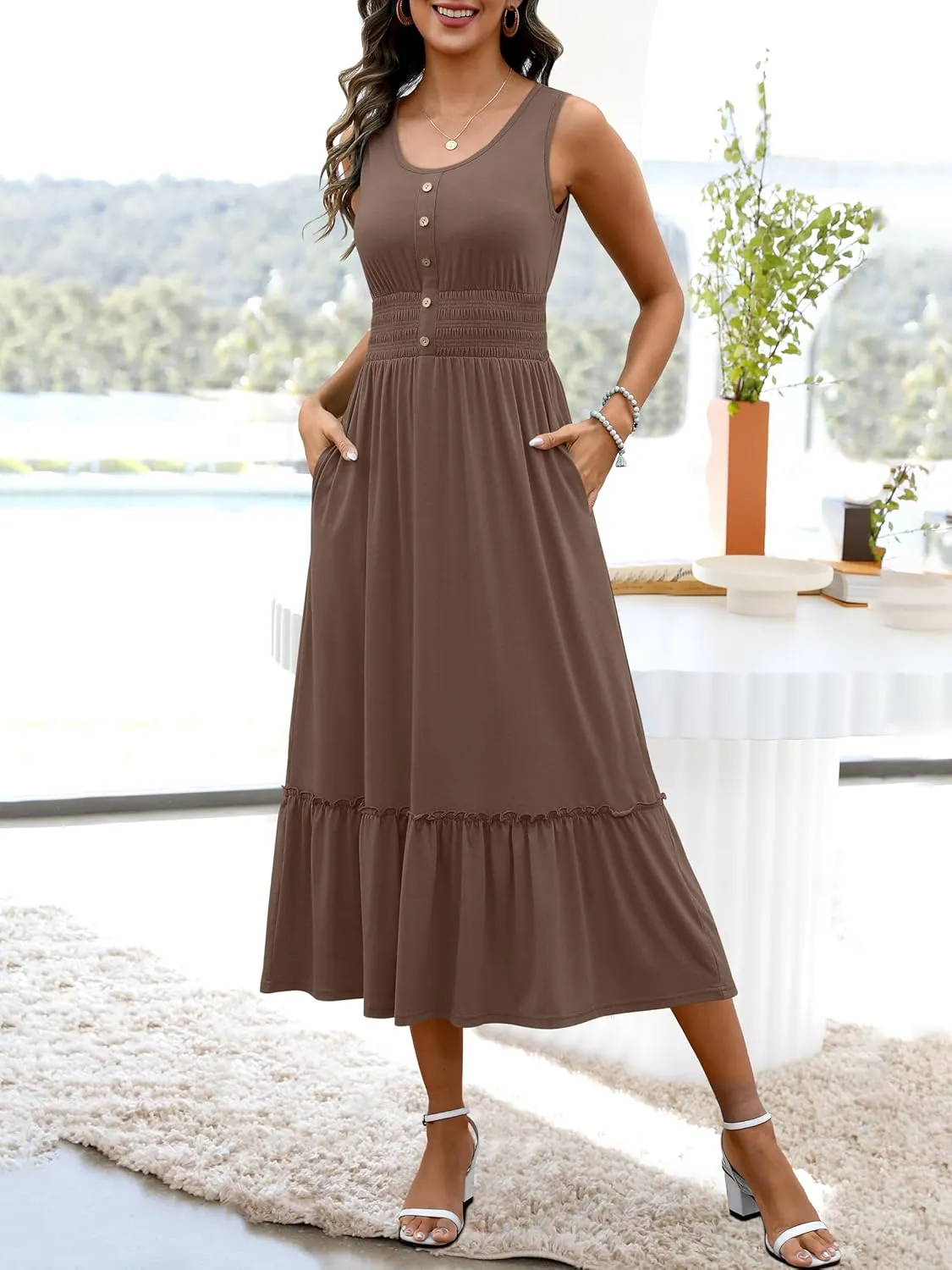 ANRABESS Womens Smocked Empire Waist Maxi Dress 2025 Summer Sleeveless Button Down A-Line Casual Beach Vacation Sundress
