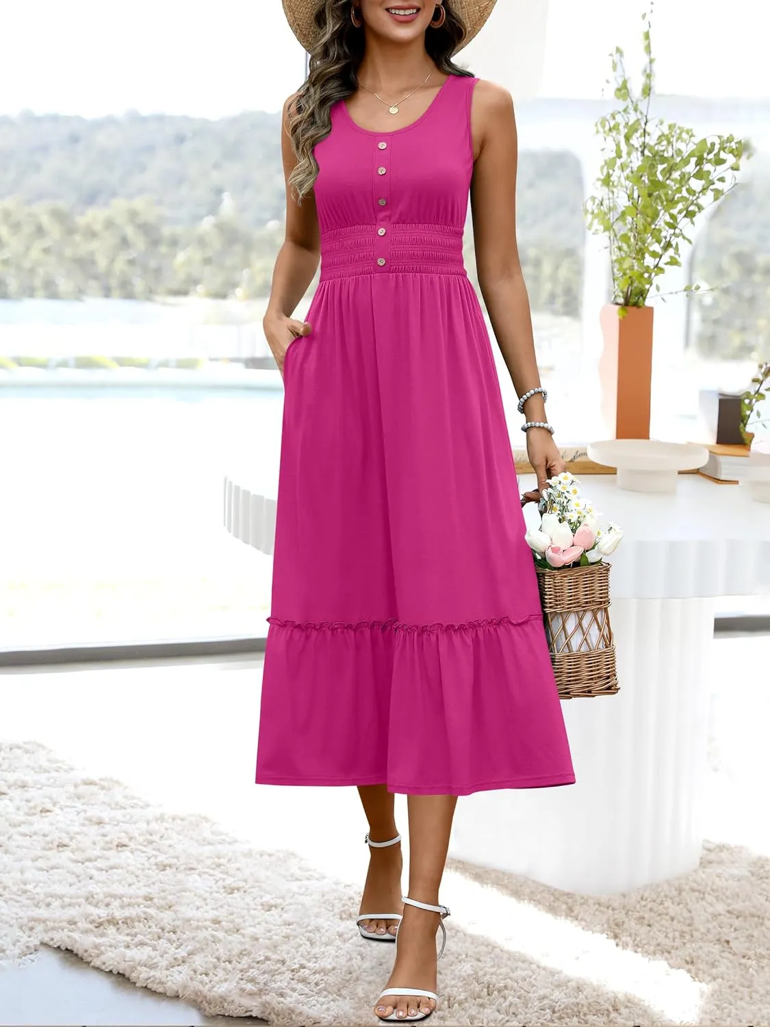 ANRABESS Womens Smocked Empire Waist Maxi Dress 2025 Summer Sleeveless Button Down A-Line Casual Beach Vacation Sundress