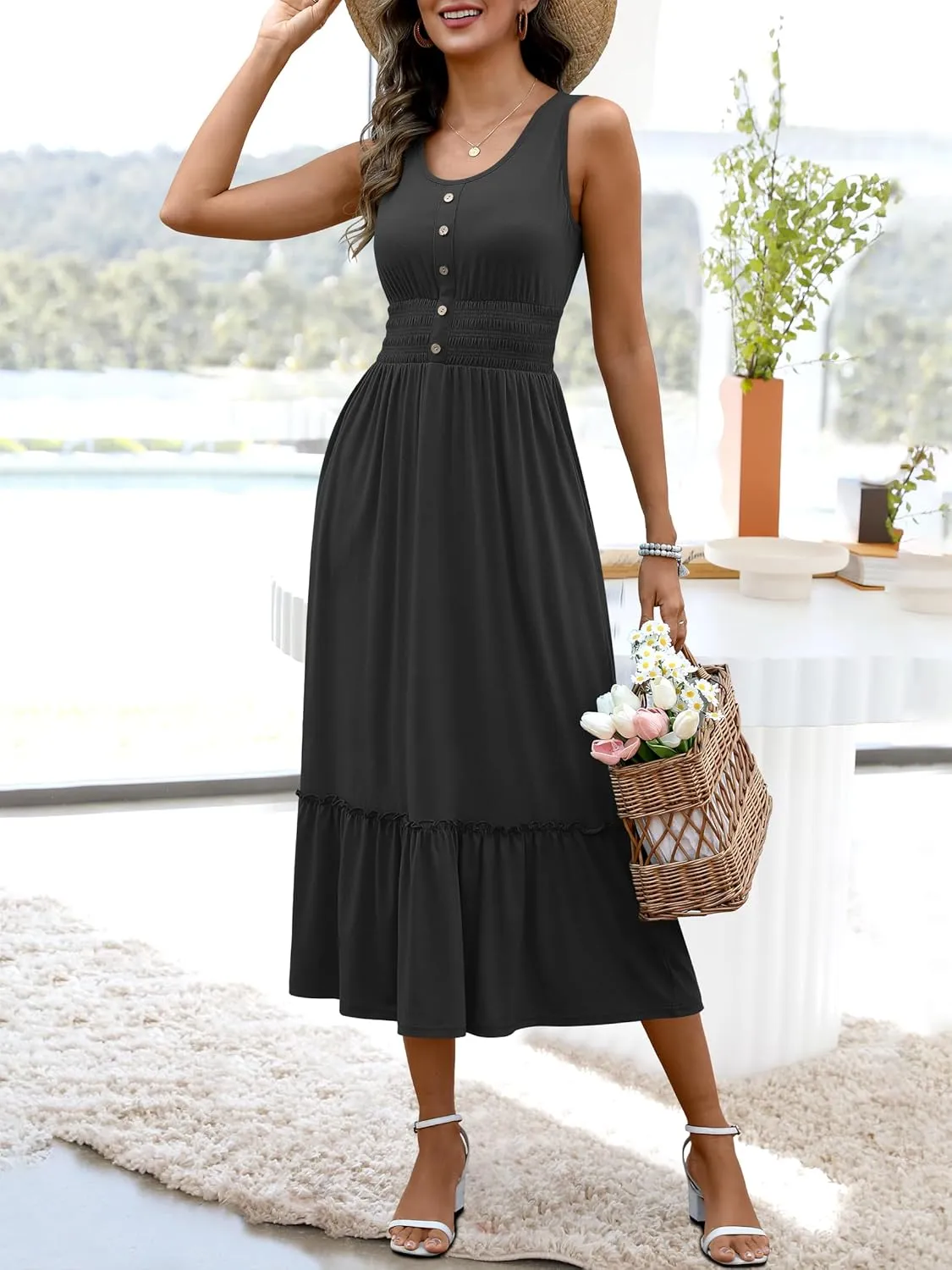 ANRABESS Womens Smocked Empire Waist Maxi Dress 2025 Summer Sleeveless Button Down A-Line Casual Beach Vacation Sundress