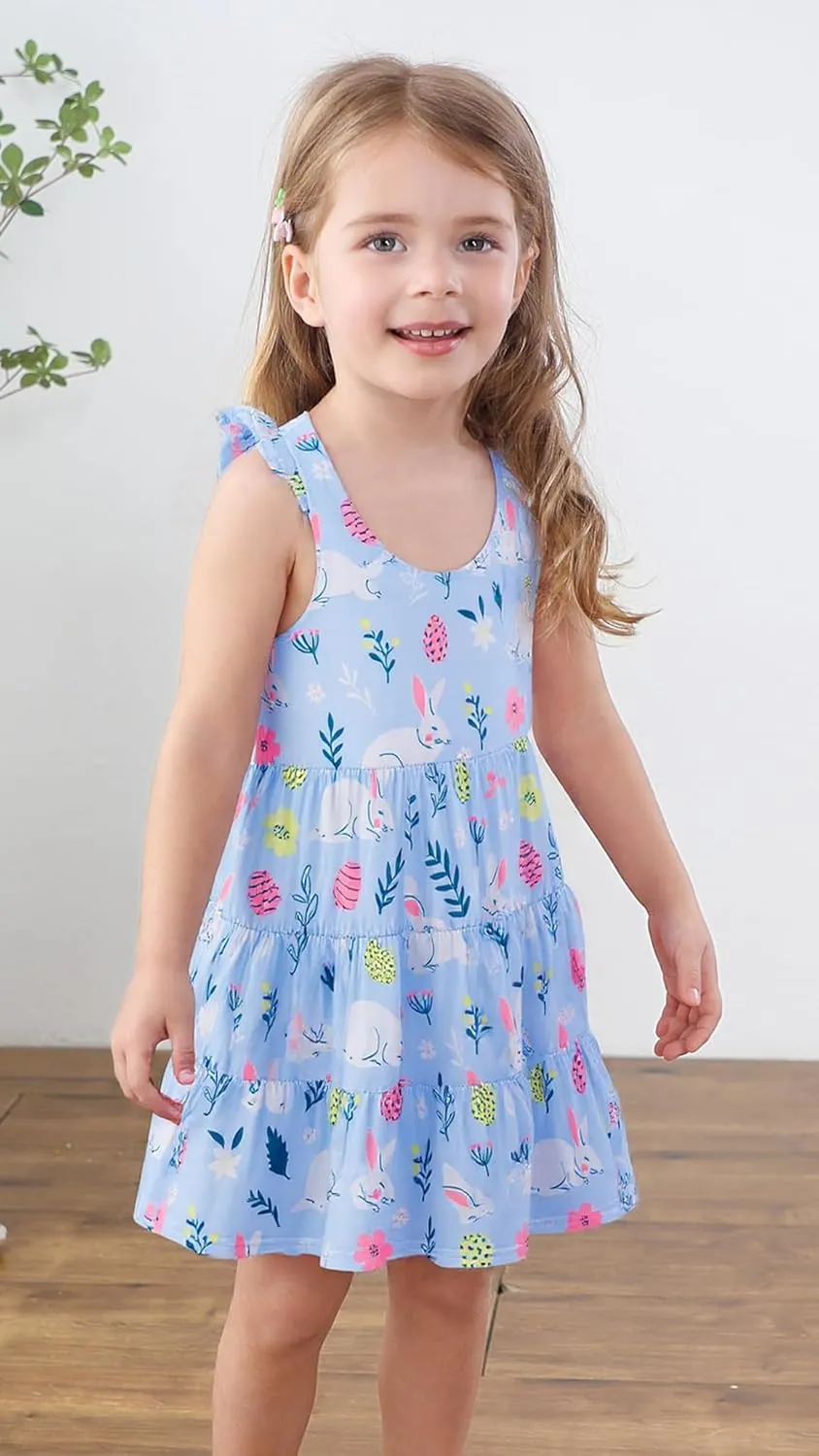 Baby Girls Tiered Dress Flutter Sleeve Twirly Unicorn Sundress Kids Cute Outfits Toddler Summer Dresses 2-8 Years Old