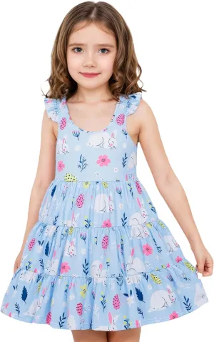 Baby Girls Tiered Dress Flutter Sleeve Twirly Unicorn Sundress Kids Cute Outfits Toddler Summer Dresses 2-8 Years Old