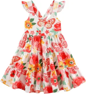 Baby Girls Tiered Dress Flutter Sleeve Twirly Unicorn Sundress Kids Cute Outfits Toddler Summer Dresses 2-8 Years Old