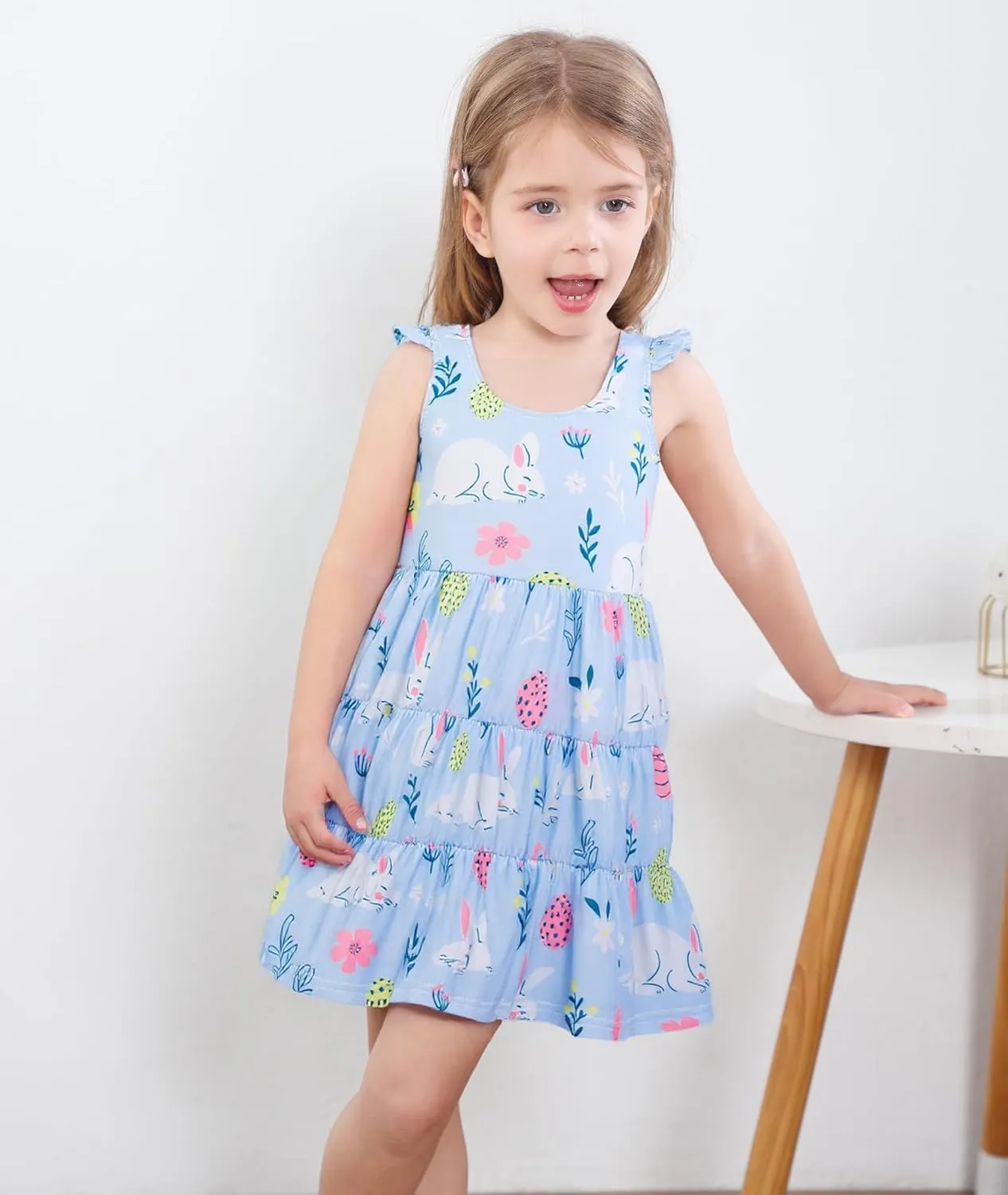 Baby Girls Tiered Dress Flutter Sleeve Twirly Unicorn Sundress Kids Cute Outfits Toddler Summer Dresses 2-8 Years Old