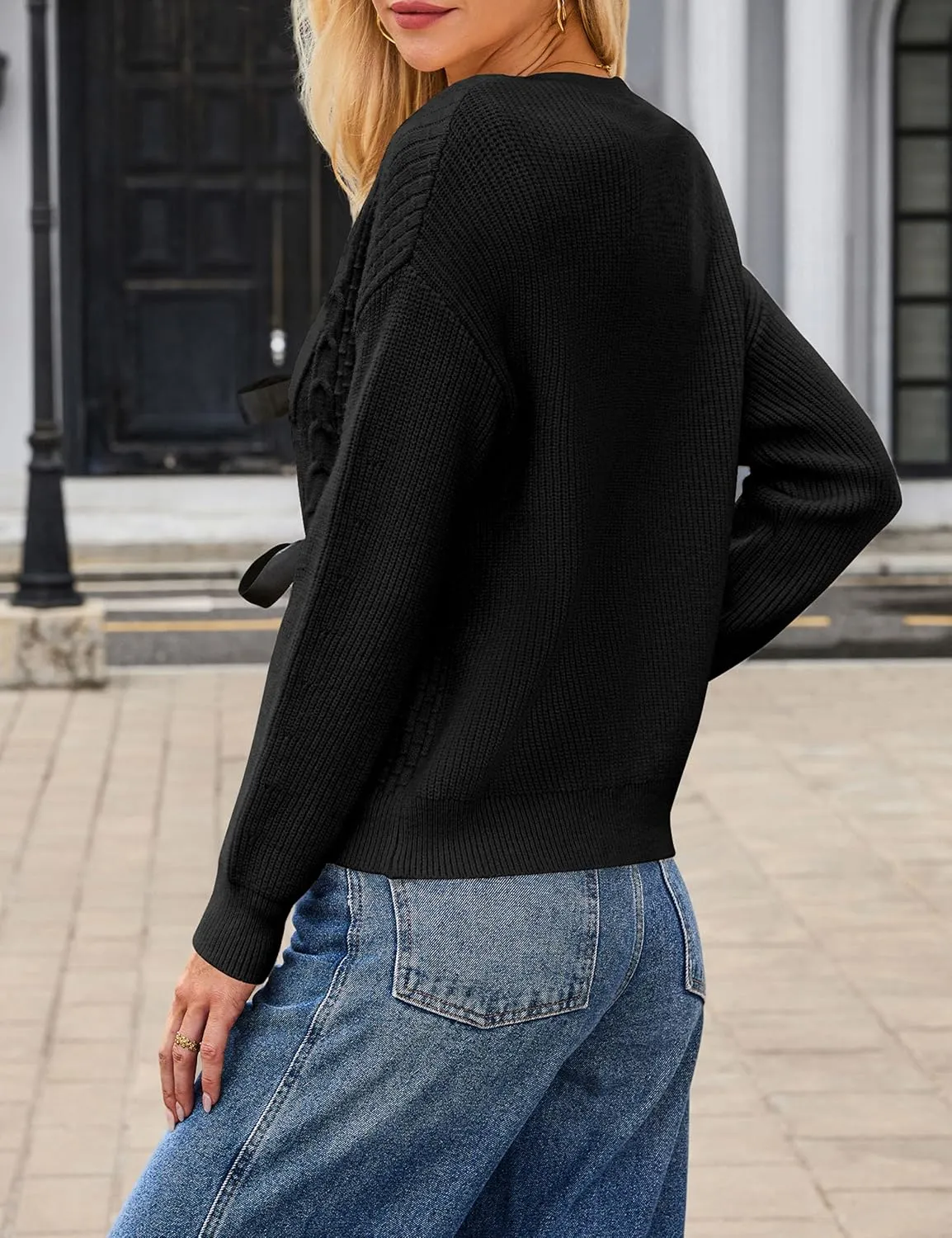 BMJL Womens Cardigan Sweater Cropped Tie Front Bow Sweaters Cable Knit Long Sleeve Trendy Clothes 2024