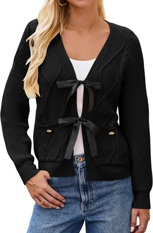 BMJL Womens Cardigan Sweater Cropped Tie Front Bow Sweaters Cable Knit Long Sleeve Trendy Clothes 2024