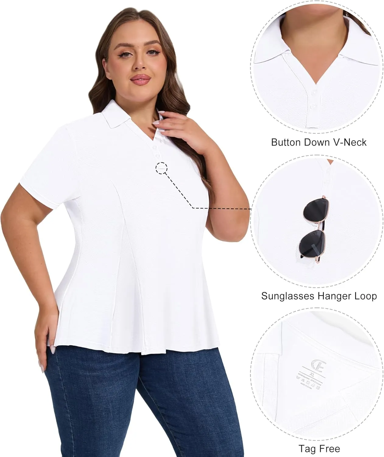 Casei Women's Plus Size Golf Polo Shirt with Sunglasses Holder UPF 50  Tunic Tops Casual Workout Work Shirts