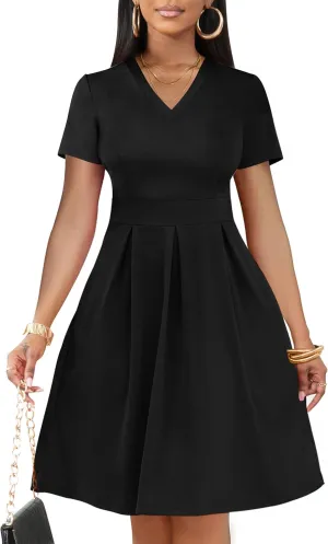 CLOCOR Womens Casual Summer Mini Dress Short Sleeve Empire Waist Dress A-Line V-Neck T-Shirt Dresses with Pocket