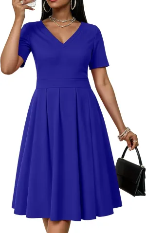 CLOCOR Womens Casual Summer Mini Dress Short Sleeve Empire Waist Dress A-Line V-Neck T-Shirt Dresses with Pocket