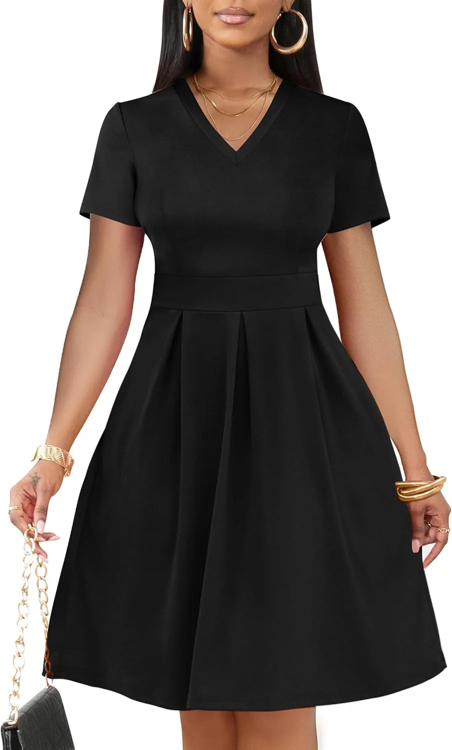CLOCOR Womens Casual Summer Mini Dress Short Sleeve Empire Waist Dress A-Line V-Neck T-Shirt Dresses with Pocket