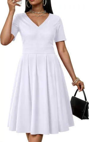 CLOCOR Womens Casual Summer Mini Dress Short Sleeve Empire Waist Dress A-Line V-Neck T-Shirt Dresses with Pocket