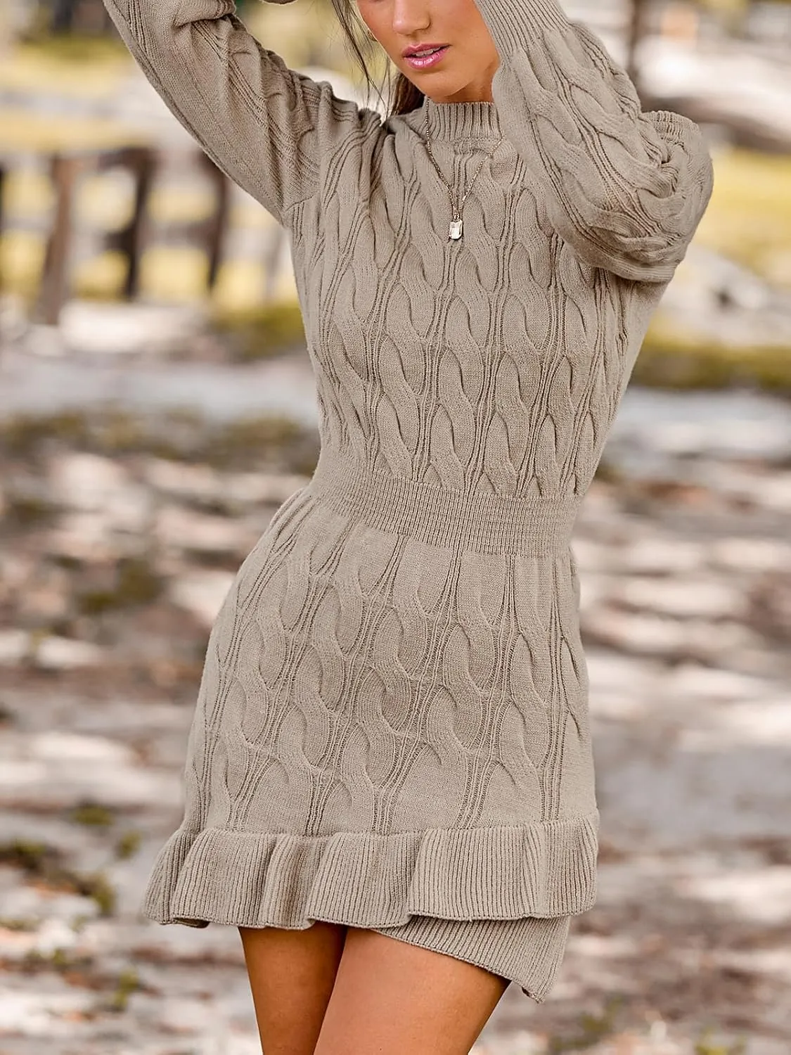 CUPSHE Women's Casual Pullover Fall Sweaters Round Neck Cable Knit Long Sleeves Sweater Dress