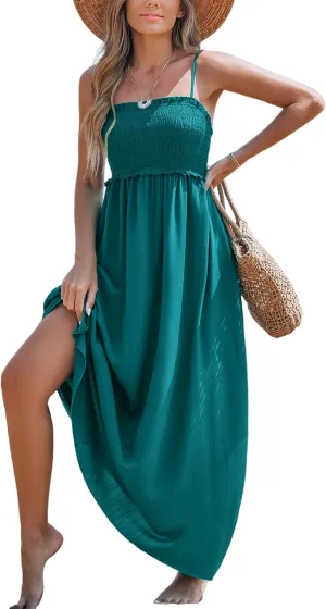 CUPSHE Women's Maxi Dress Ditsy Floral Smocked Summer Sundress Sleeveless Ruffled Spaghetti Straps Long Beach Formal Dress