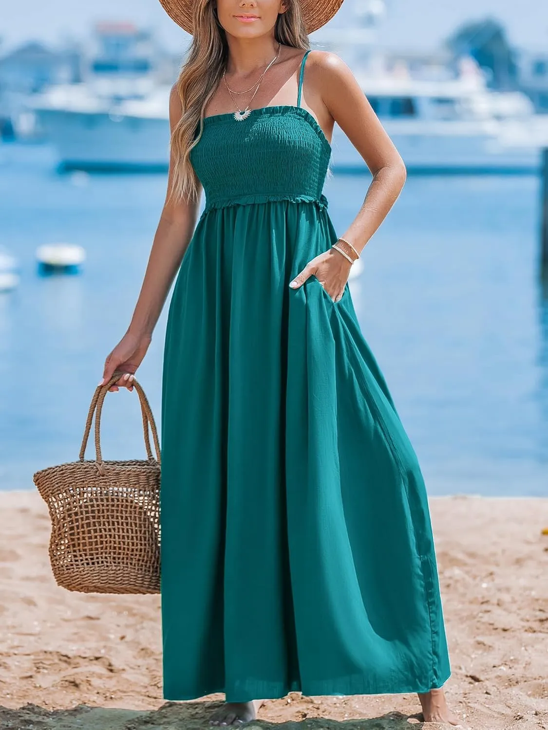 CUPSHE Women's Maxi Dress Ditsy Floral Smocked Summer Sundress Sleeveless Ruffled Spaghetti Straps Long Beach Formal Dress