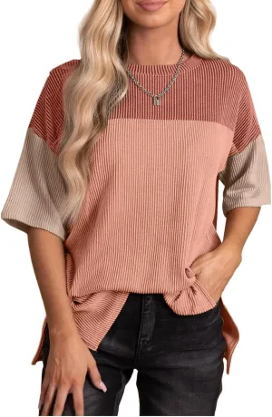 EVALESS Womens Summer Short Sleeve Crewneck Shirts Tops Color Block Lightweight Tee Shirt Top