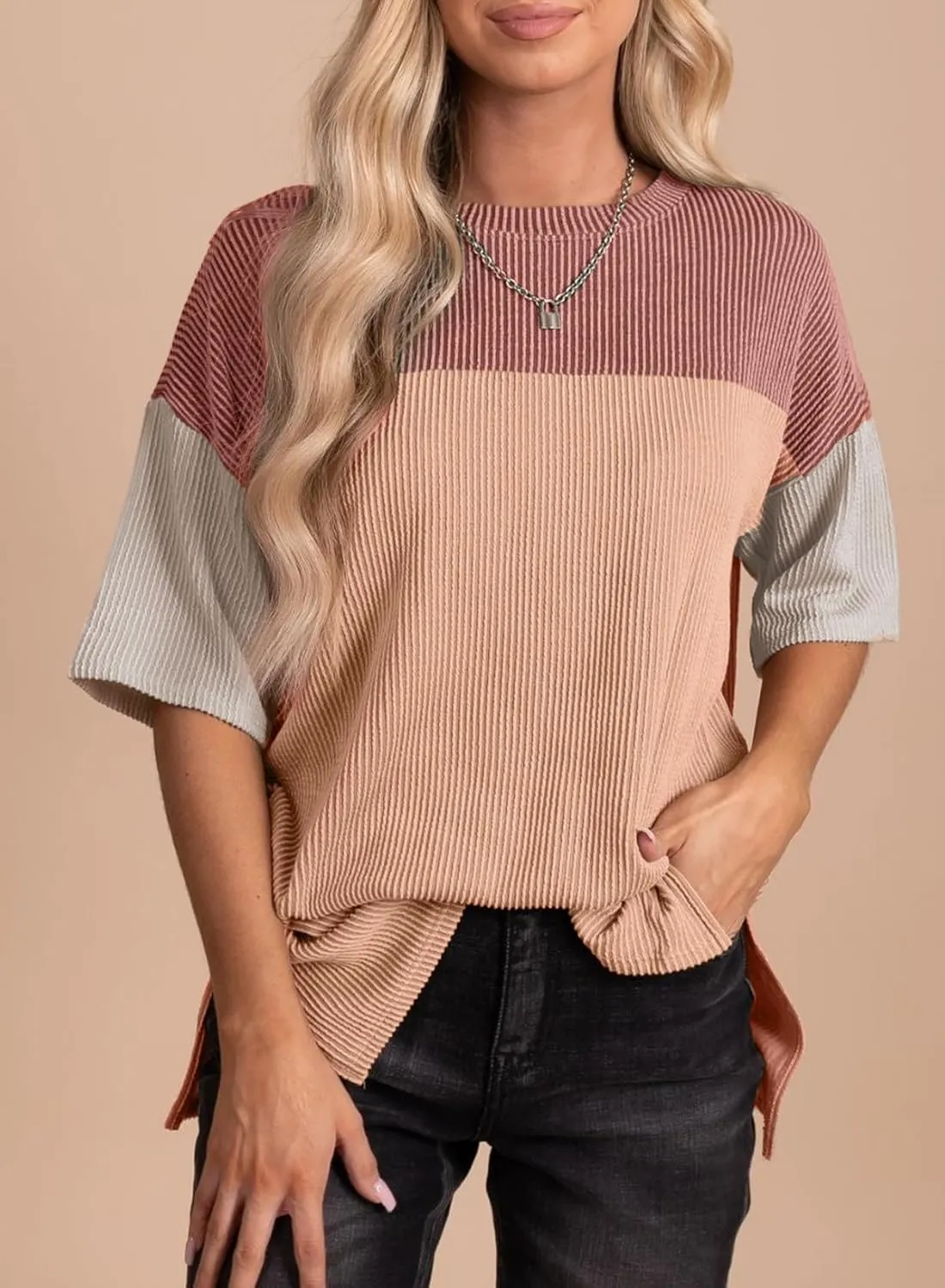 EVALESS Womens Summer Short Sleeve Crewneck Shirts Tops Color Block Lightweight Tee Shirt Top