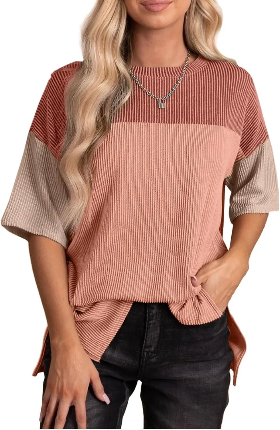 EVALESS Womens Summer Short Sleeve Crewneck Shirts Tops Color Block Lightweight Tee Shirt Top