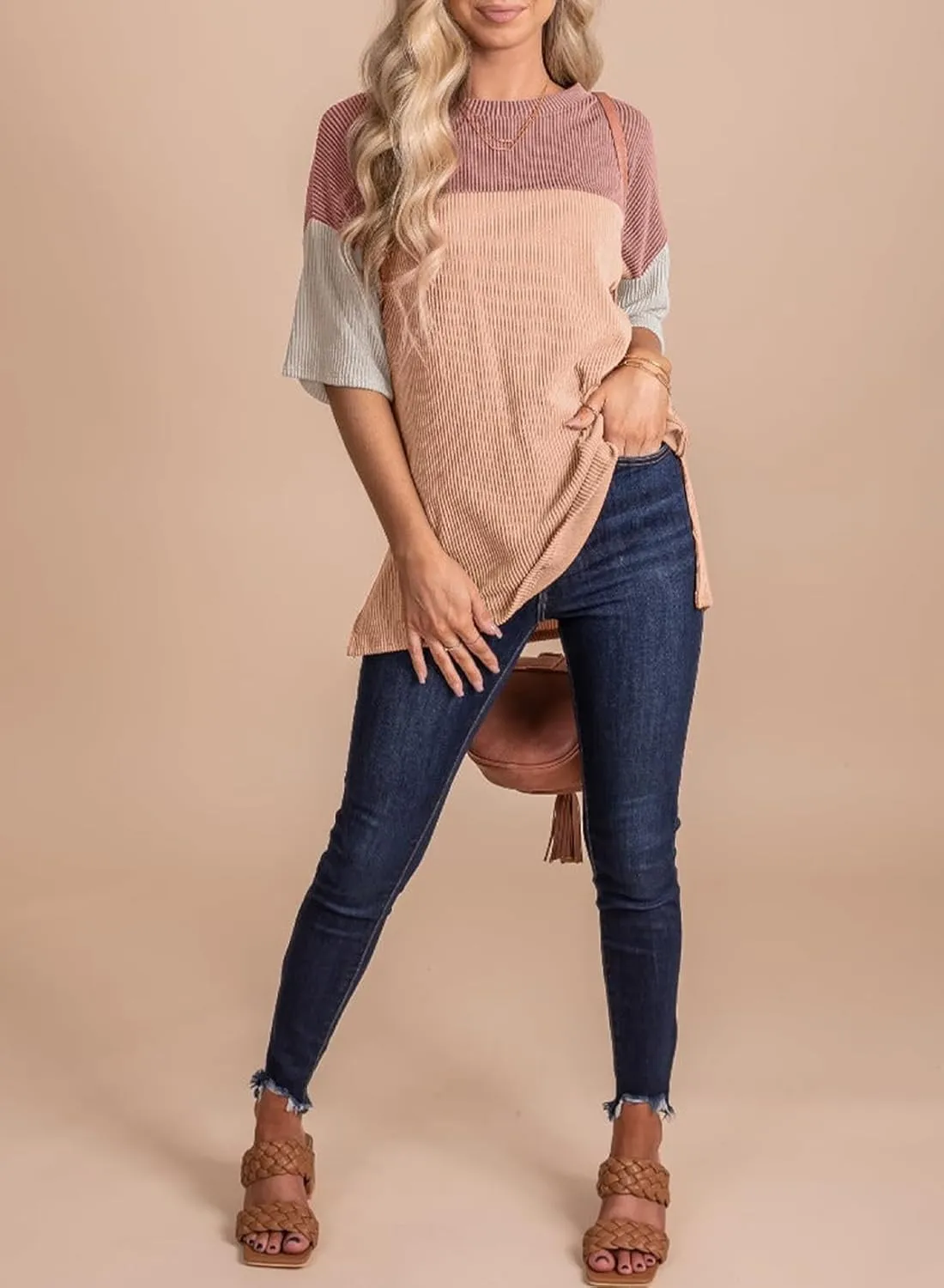 EVALESS Womens Summer Short Sleeve Crewneck Shirts Tops Color Block Lightweight Tee Shirt Top