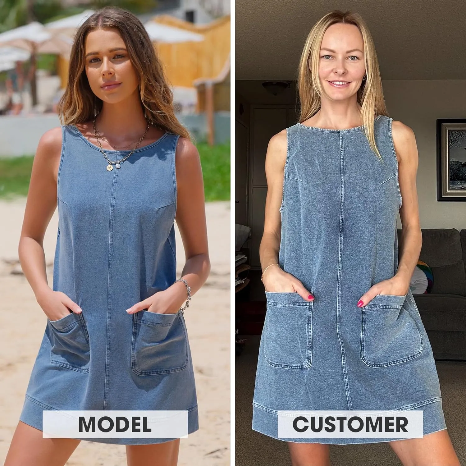 EXLURA Womens Sleeveless Denim Dress Casual Summer Crewneck A Line Overall Mini Dress Jean Jumper Pinafore with Pockets 2025