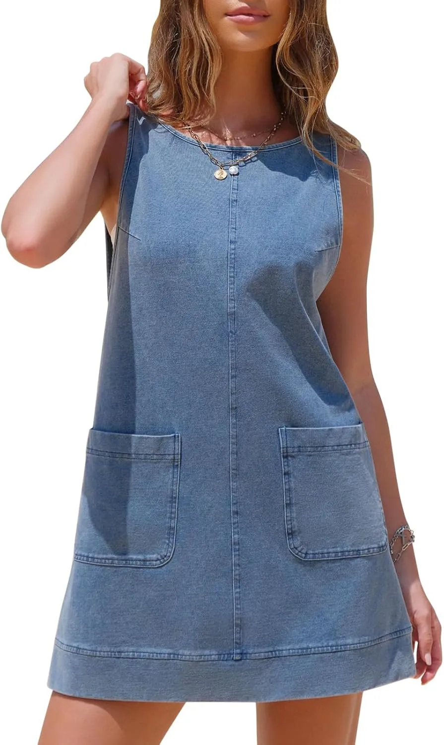 EXLURA Womens Sleeveless Denim Dress Casual Summer Crewneck A Line Overall Mini Dress Jean Jumper Pinafore with Pockets 2025