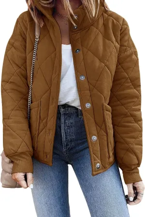 Fazortev Womens Dolman Quilted Jackets Casual Button Down Winter Long Sleeve Stand Neck Lightweight Warm Coat