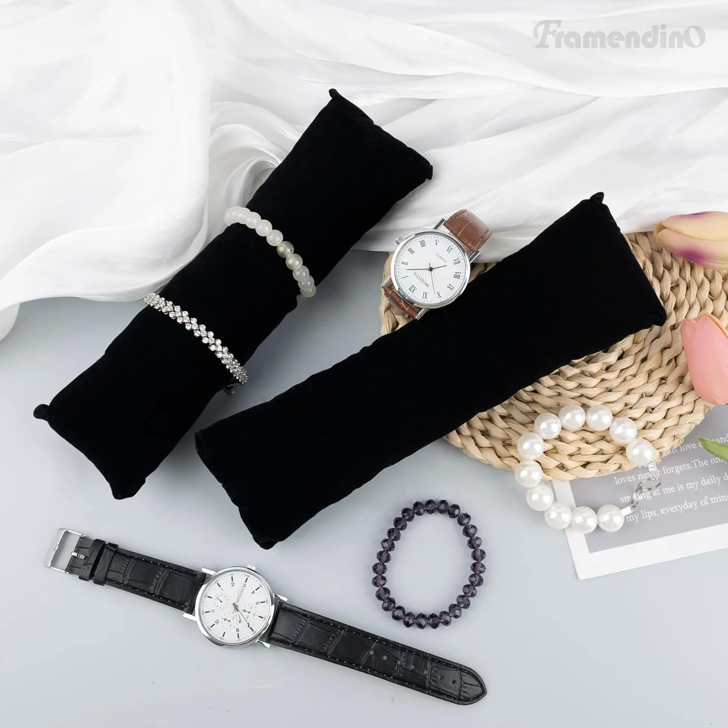 Framendino, 2 Pack Black Long Watch Display Pillows Velvet Bracelet Jewelry Displays Pillow Bangle Holder Cushions for Show Organizer