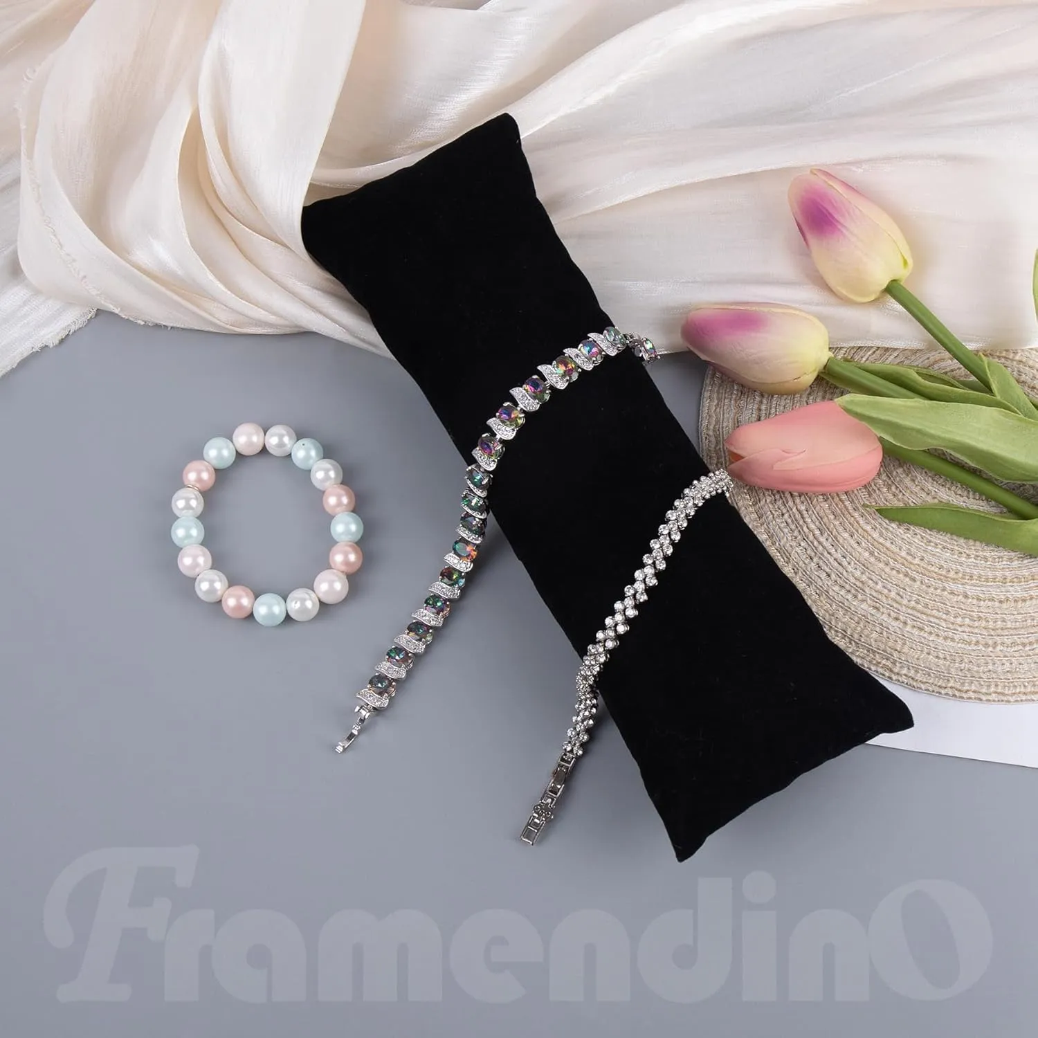 Framendino, 2 Pack Black Long Watch Display Pillows Velvet Bracelet Jewelry Displays Pillow Bangle Holder Cushions for Show Organizer