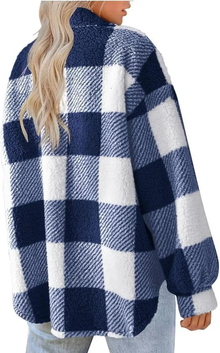 Fuzzy Fleece Plaid Jacket For Women Casual Loose Plus Size Button Down Sherpa Shacket Warm Winter Shearling Coat