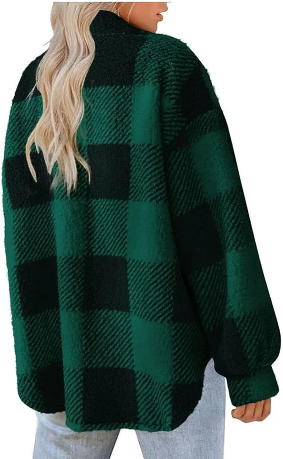 Fuzzy Fleece Plaid Jacket For Women Casual Loose Plus Size Button Down Sherpa Shacket Warm Winter Shearling Coat