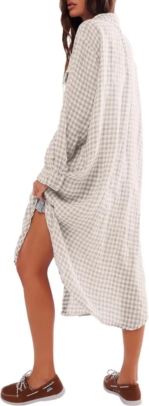 Gacaky Women's Lightweight Casual Loose Long Sleeve Button Down Striped Maxi Shirt Dress with Pockets