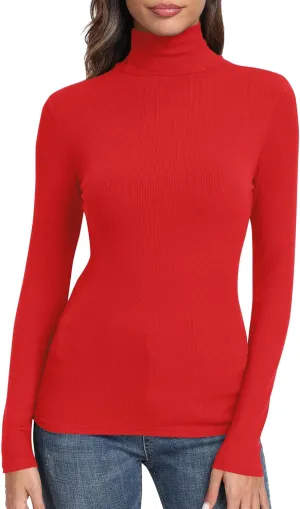GEMBERA Womens Long Sleeve Turtle Neck Basic Slim Fitted Ribbed Knit Tops Thermal Shirts