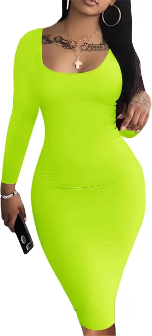 HTD Women's Sexy Bodycon Dress Long Sleeve Casual Club Party Midi Pencil Dresses