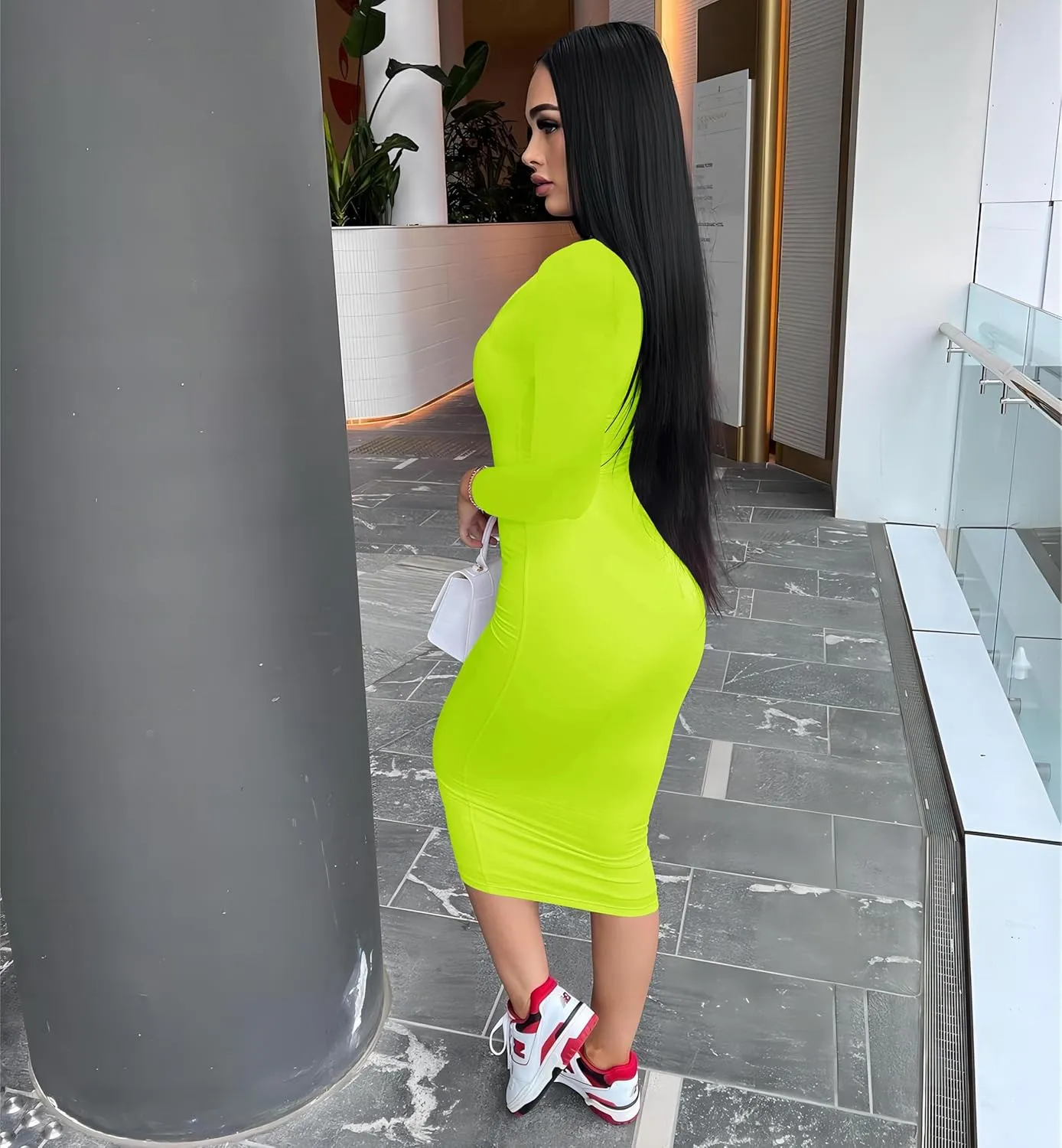 HTD Women's Sexy Bodycon Dress Long Sleeve Casual Club Party Midi Pencil Dresses