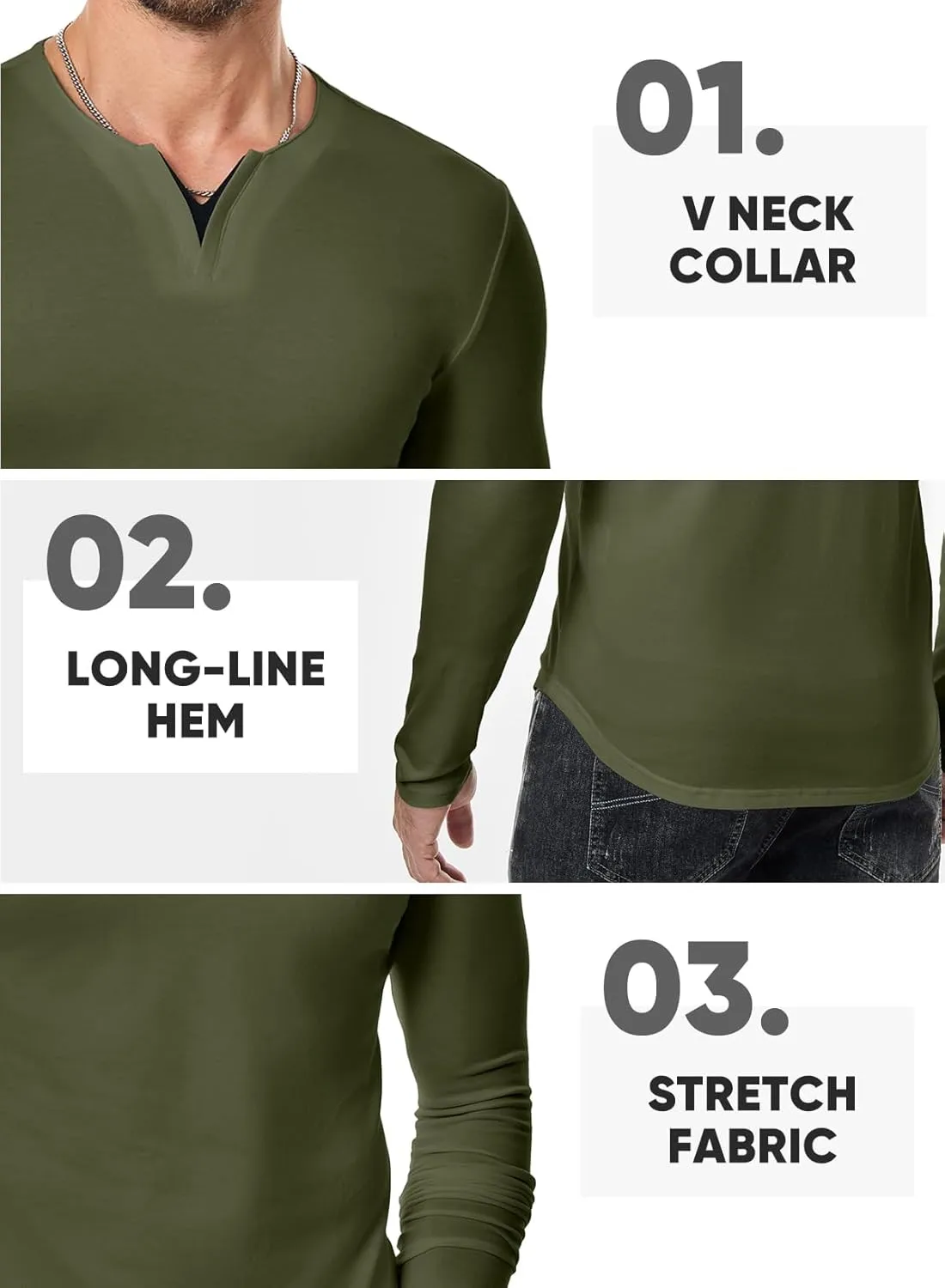 JMIERR Mens Casual Muscle T Shirt Long Sleeve V-Neck Longline Soft Tee Shirt