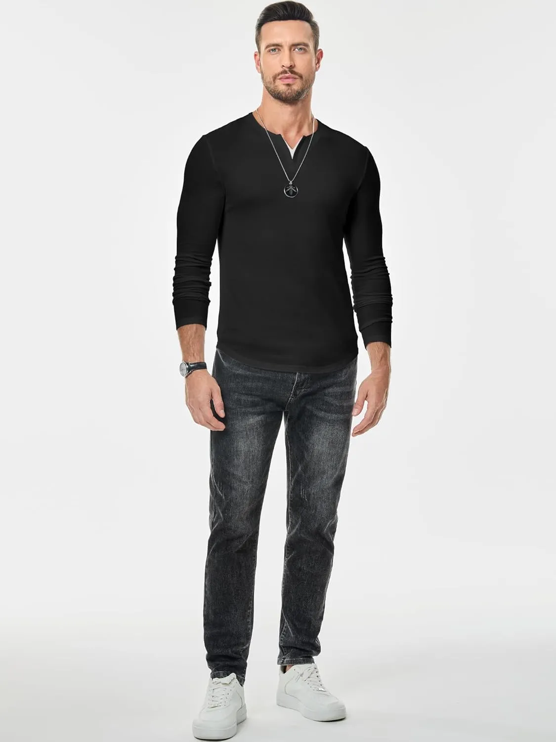 JMIERR Mens Casual Muscle T Shirt Long Sleeve V-Neck Longline Soft Tee Shirt