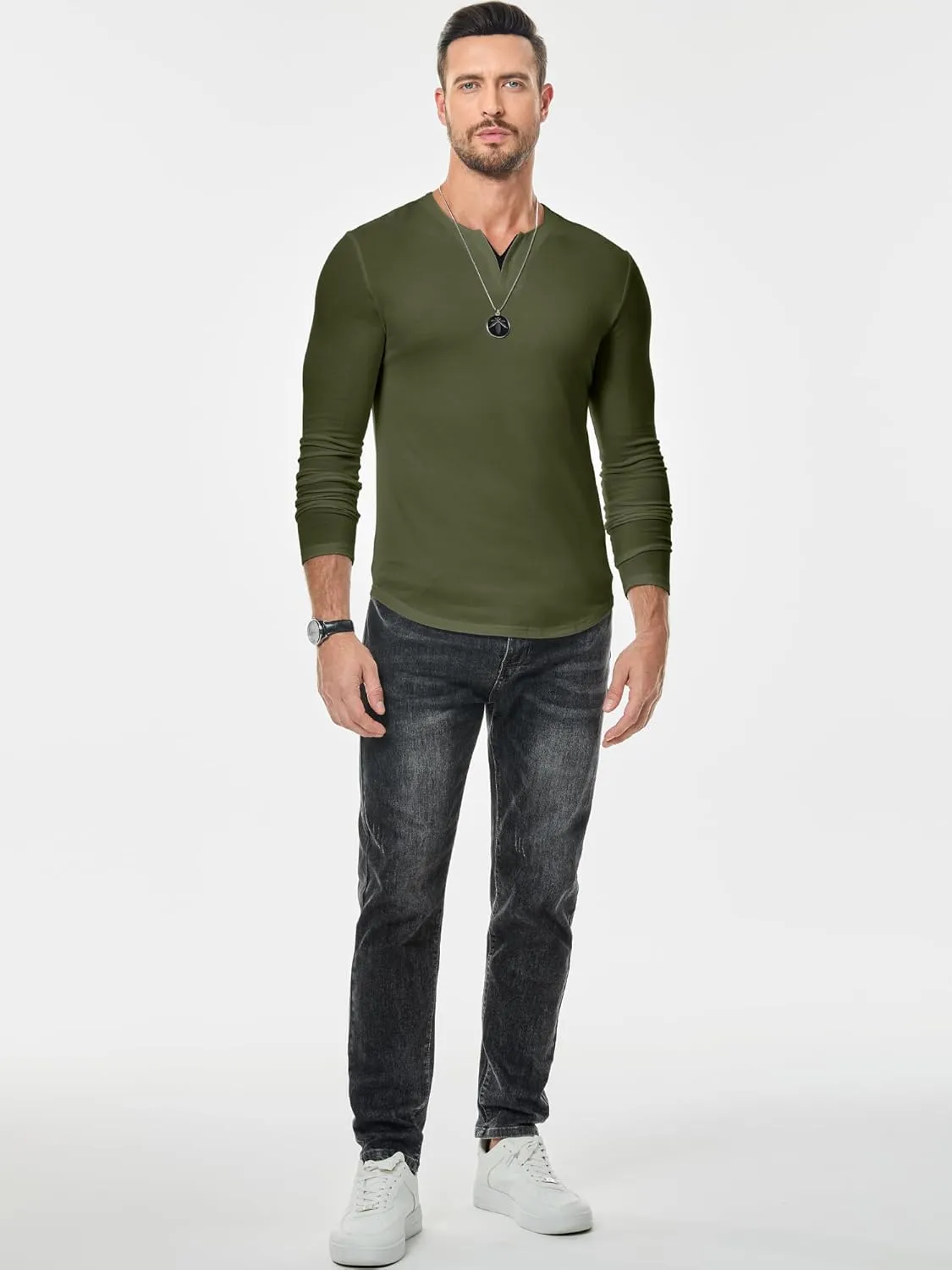 JMIERR Mens Casual Muscle T Shirt Long Sleeve V-Neck Longline Soft Tee Shirt