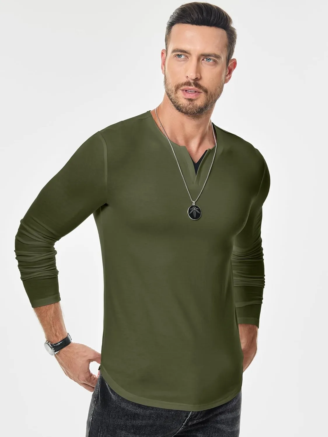 JMIERR Mens Casual Muscle T Shirt Long Sleeve V-Neck Longline Soft Tee Shirt