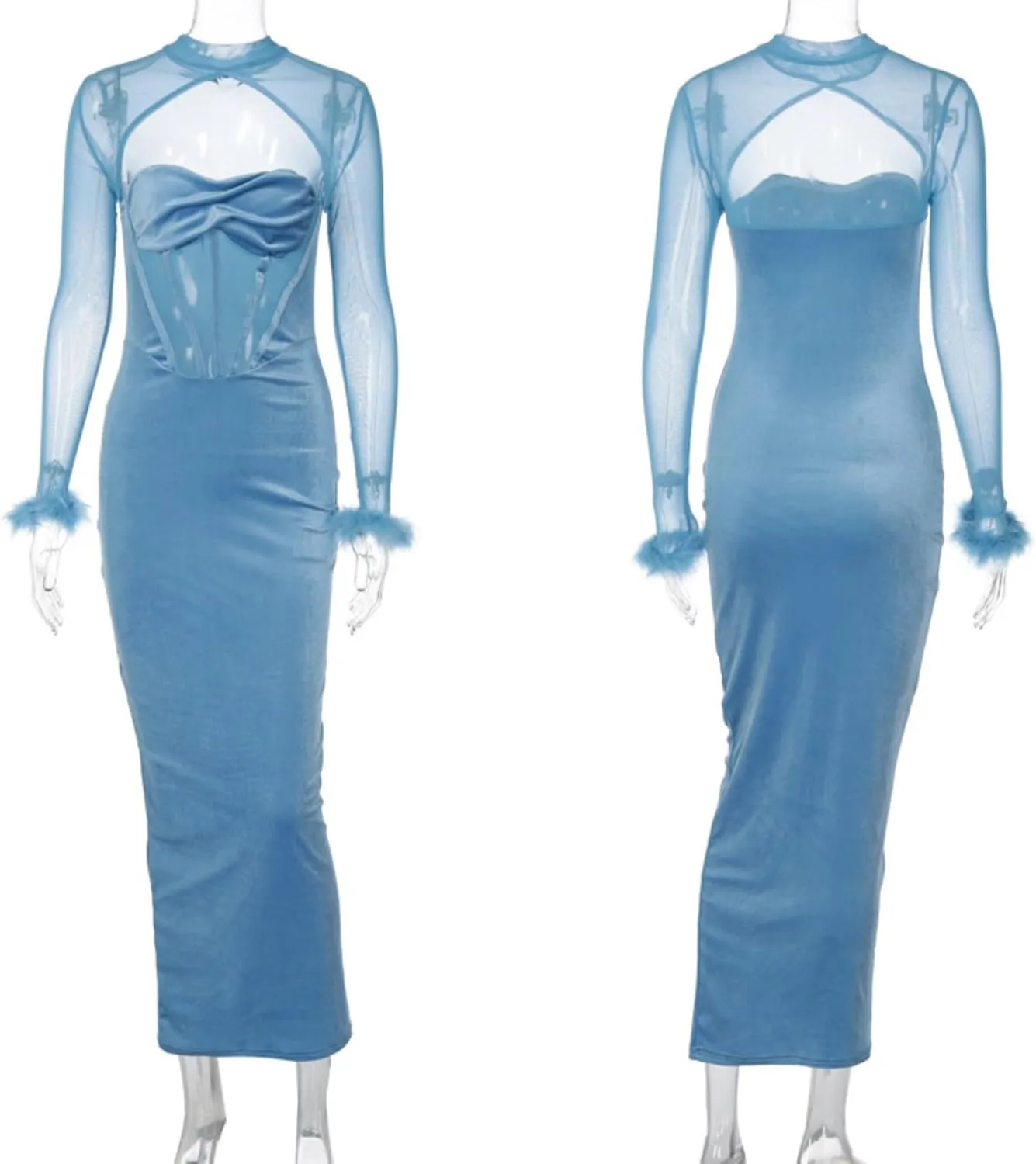 JUMISEE Women Elegant Velvet Corset Maxi Dress Evening Gown Sexy Sheer Mesh Long Sleeve Feather Cuff Cocktail Party Dress