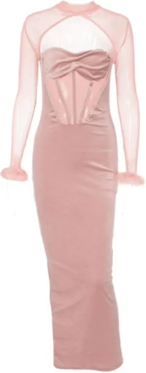 JUMISEE Women Elegant Velvet Corset Maxi Dress Evening Gown Sexy Sheer Mesh Long Sleeve Feather Cuff Cocktail Party Dress