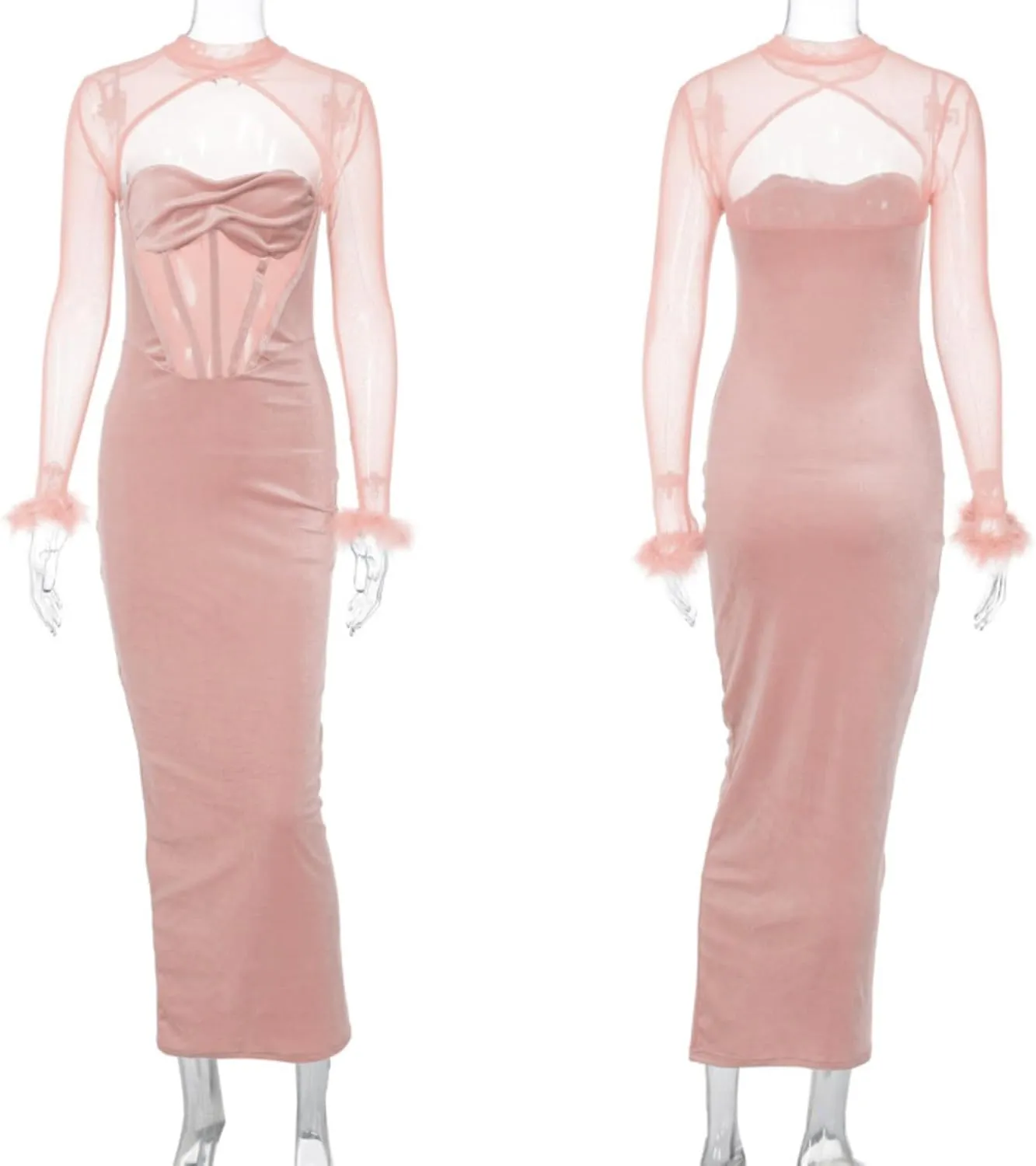 JUMISEE Women Elegant Velvet Corset Maxi Dress Evening Gown Sexy Sheer Mesh Long Sleeve Feather Cuff Cocktail Party Dress