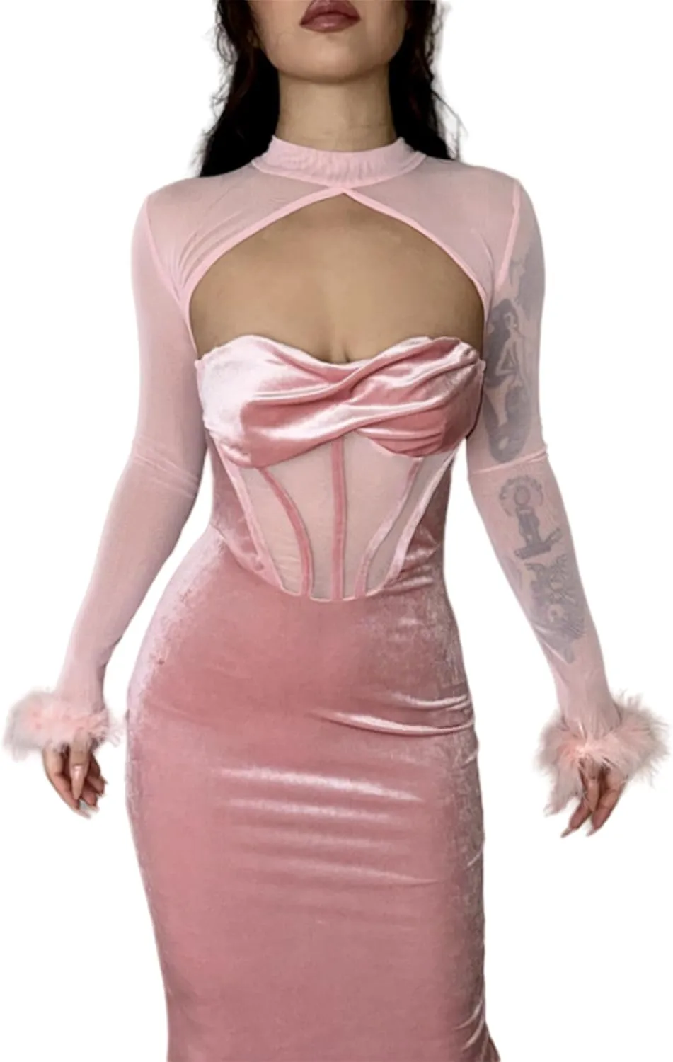 JUMISEE Women Elegant Velvet Corset Maxi Dress Evening Gown Sexy Sheer Mesh Long Sleeve Feather Cuff Cocktail Party Dress