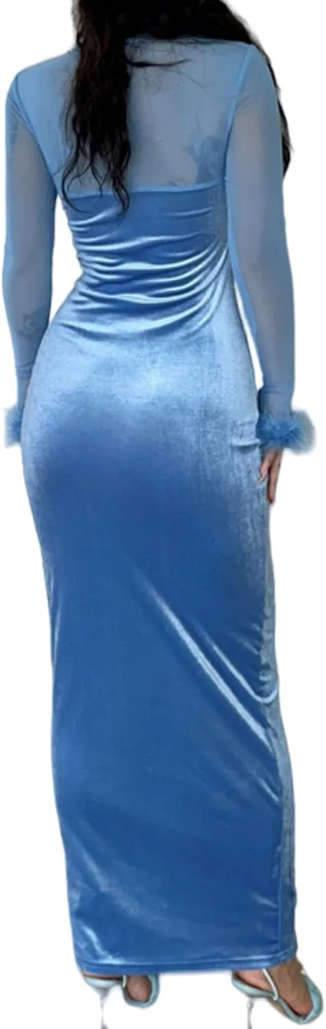 JUMISEE Women Elegant Velvet Corset Maxi Dress Evening Gown Sexy Sheer Mesh Long Sleeve Feather Cuff Cocktail Party Dress
