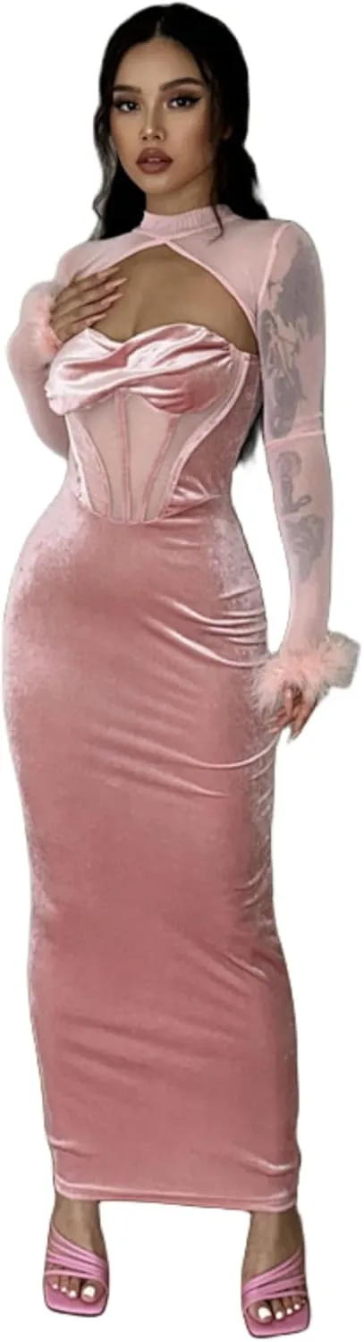 JUMISEE Women Elegant Velvet Corset Maxi Dress Evening Gown Sexy Sheer Mesh Long Sleeve Feather Cuff Cocktail Party Dress